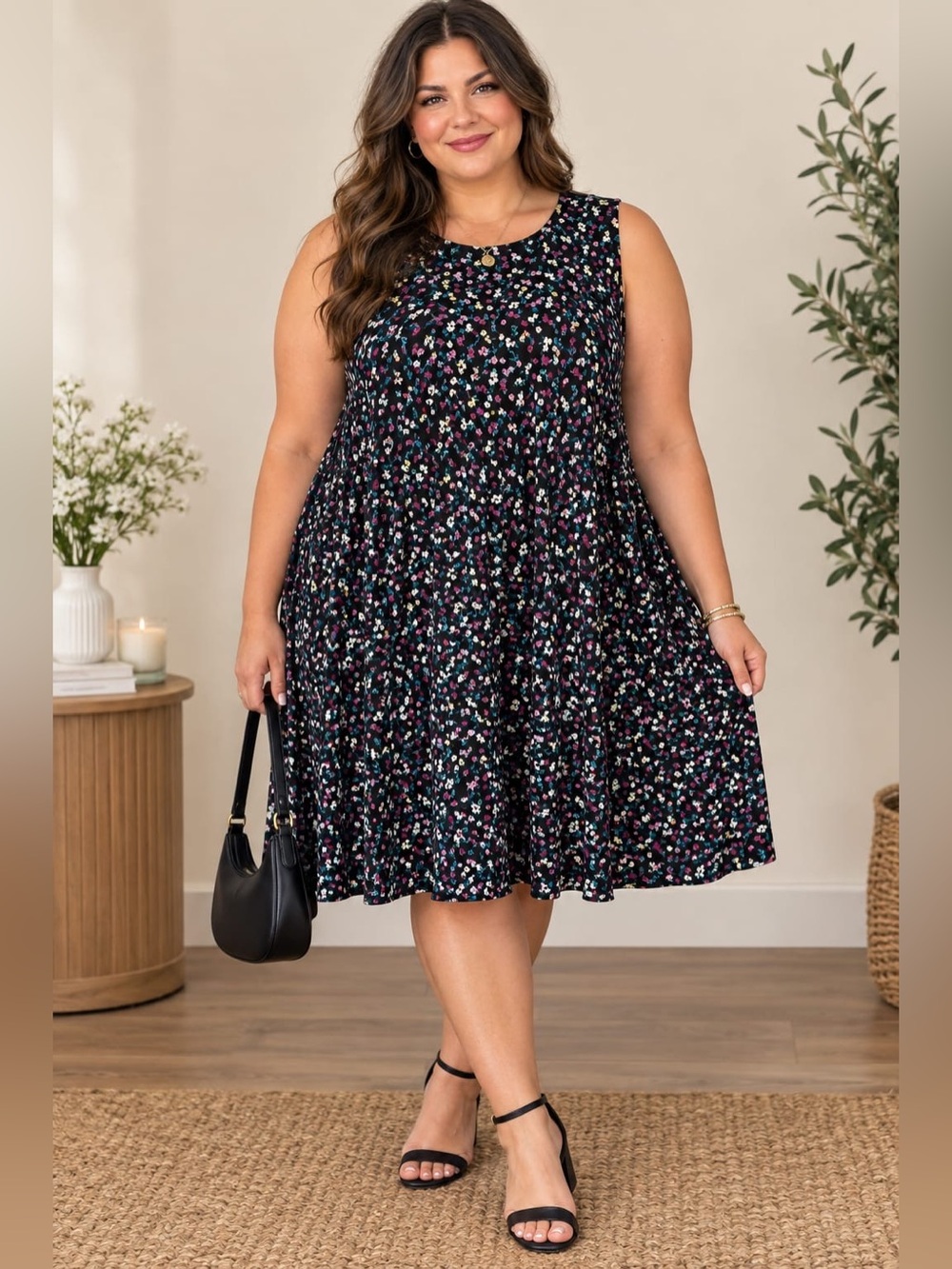 Penn Sleeveless Black Floral Swing Dress
